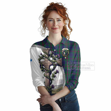 Laurie Tartan Women's Casual Shirt with Family Crest and St. Andrew's Cross Accented by Thistle Vines