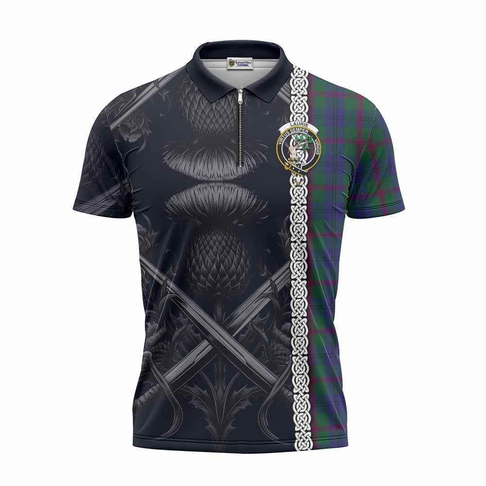 Tartan Vibes Clothing Laurie Tartan Zipper Polo Shirt with Family Crest Cross Sword Thistle Celtic Vibes