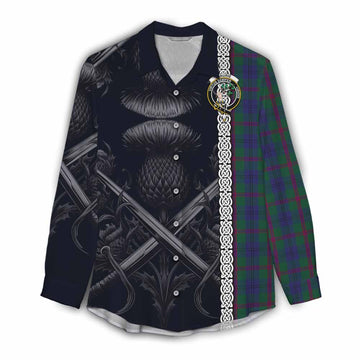 Laurie Tartan Women's Casual Shirt with Family Crest Cross Sword Thistle Celtic Vibes