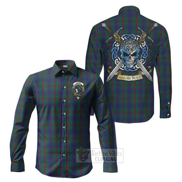 Laurie Tartan Long Sleeve Button Shirt with Family Crest Celtic Skull Style