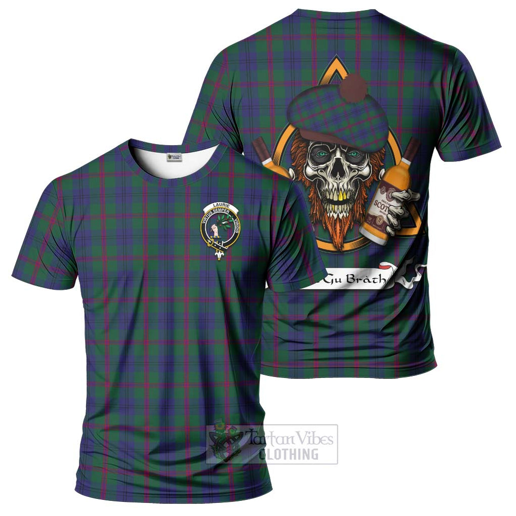 Tartan Vibes Clothing Laurie Tartan T-Shirt with Family Crest and Bearded Skull Holding Bottles of Whiskey