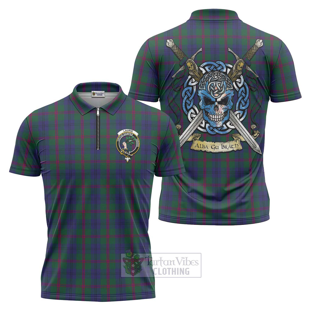 Tartan Vibes Clothing Laurie Tartan Zipper Polo Shirt with Family Crest Celtic Skull Style