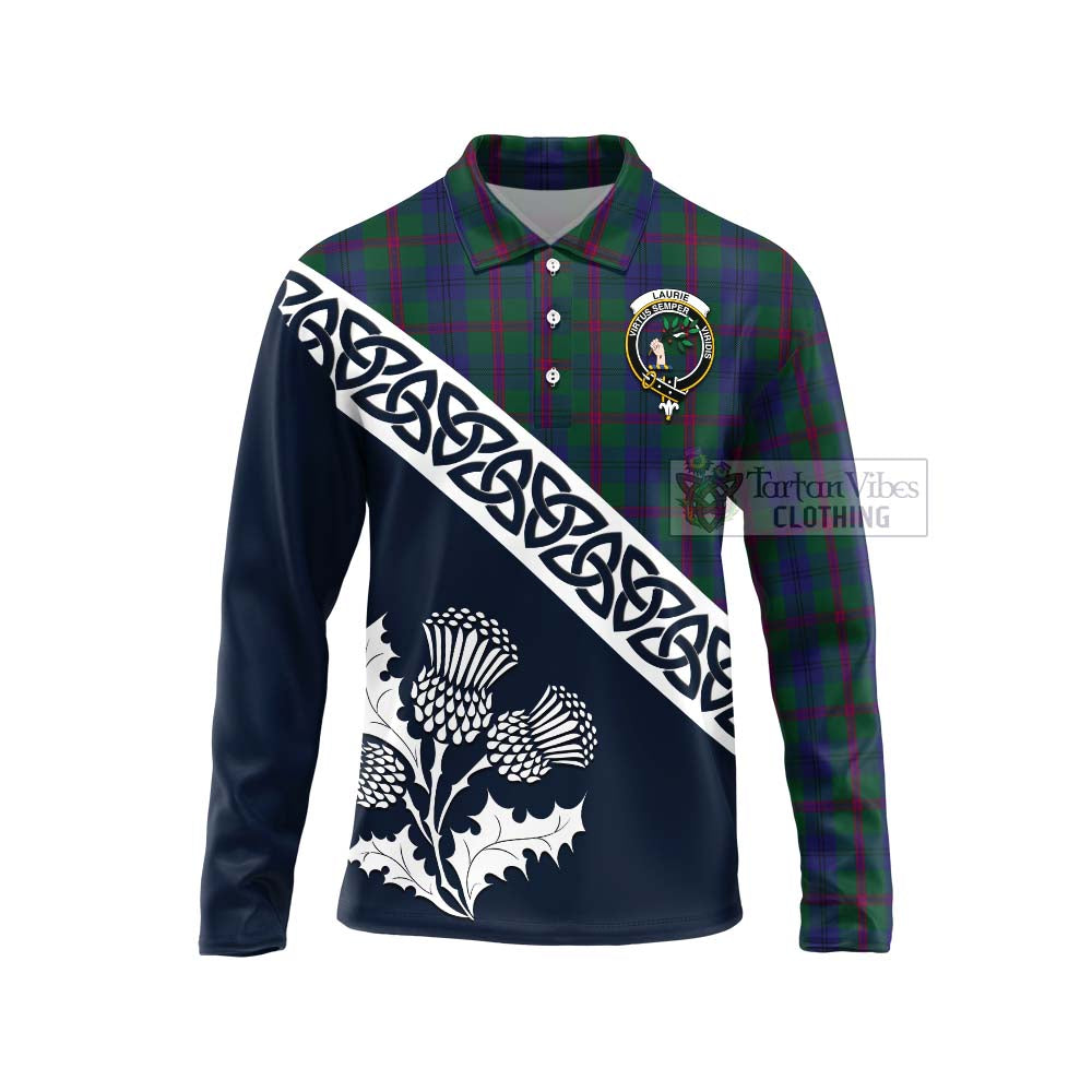 Tartan Vibes Clothing Laurie Tartan Long Sleeve Polo Shirt Featuring Thistle and Scotland Map