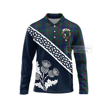 Laurie Tartan Long Sleeve Polo Shirt Featuring Thistle and Scotland Map