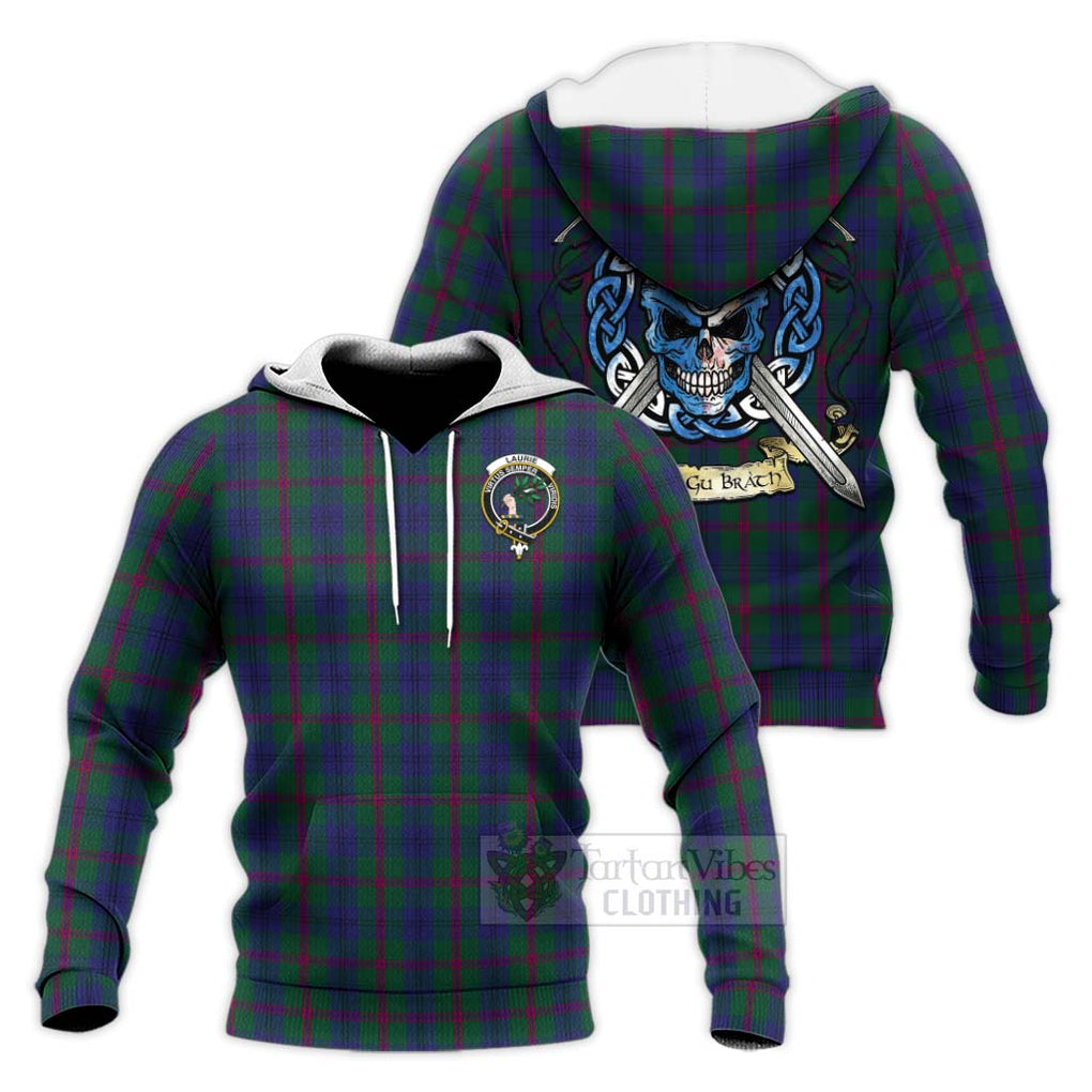 Tartan Vibes Clothing Laurie Tartan Knitted Hoodie with Family Crest Celtic Skull Style