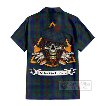 Laurie Tartan Short Sleeve Button Shirt with Family Crest and Bearded Skull Holding Bottles of Whiskey