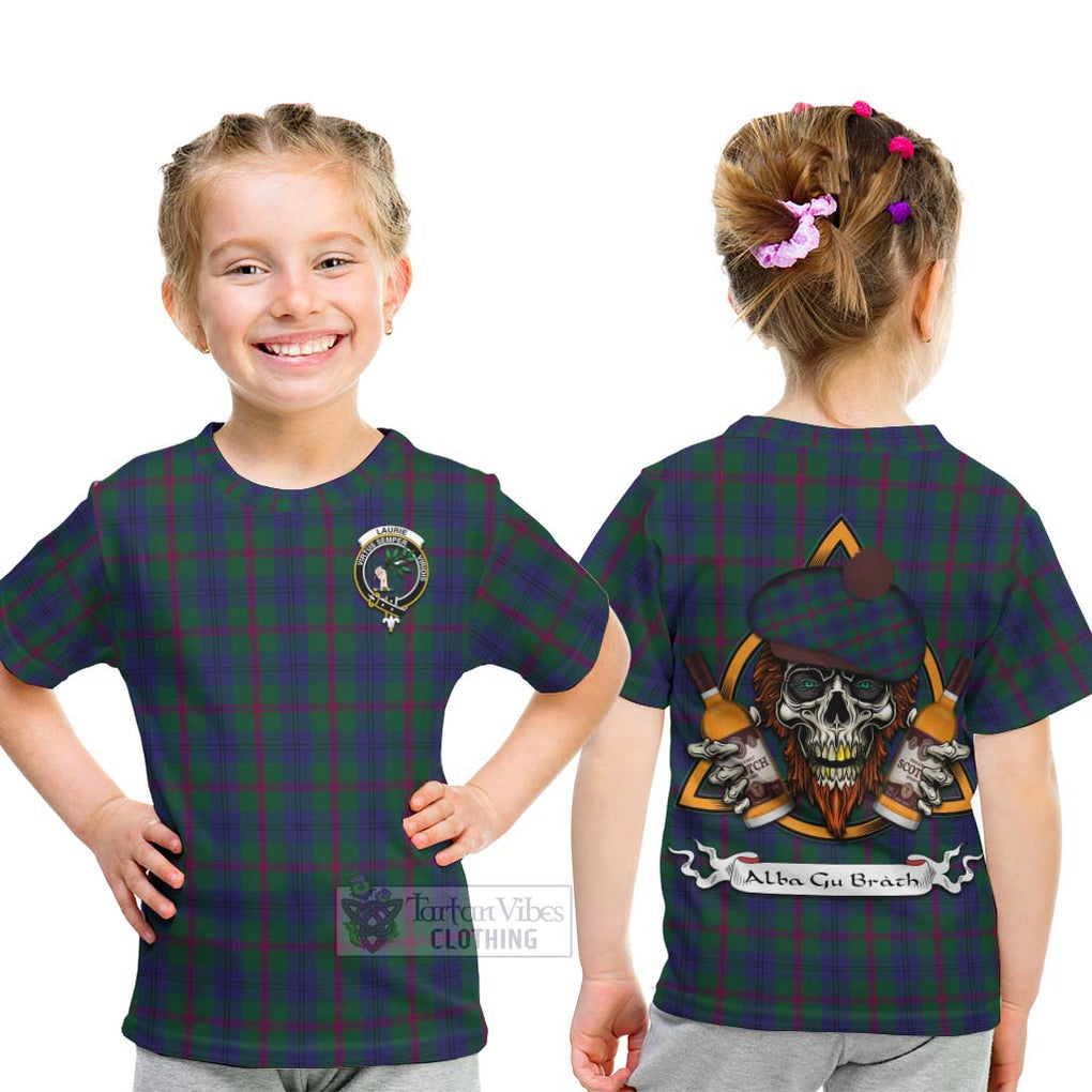 Tartan Vibes Clothing Laurie Tartan Kid T-Shirt with Family Crest and Bearded Skull Holding Bottles of Whiskey