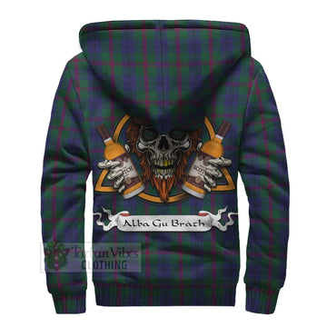 Laurie Tartan Sherpa Hoodie with Family Crest and Bearded Skull Holding Bottles of Whiskey