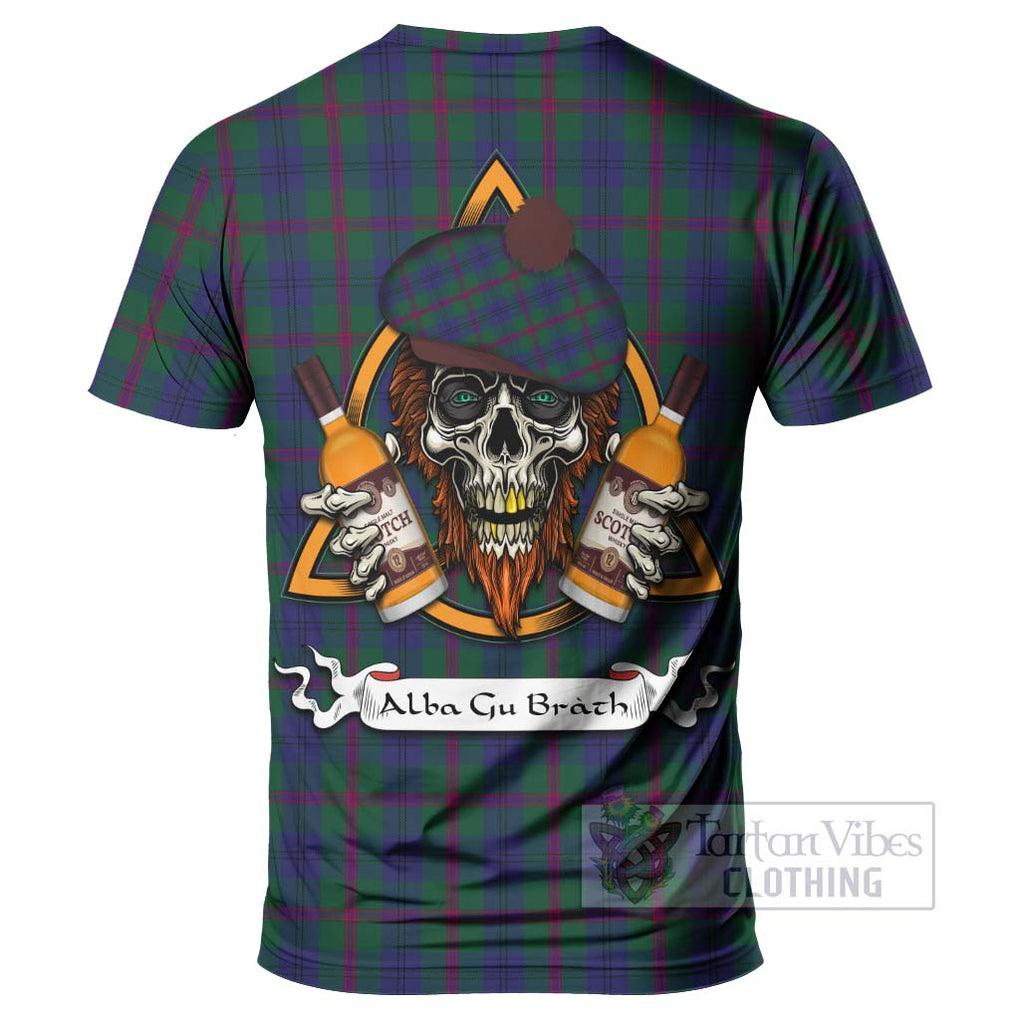 Tartan Vibes Clothing Laurie Tartan T-Shirt with Family Crest and Bearded Skull Holding Bottles of Whiskey