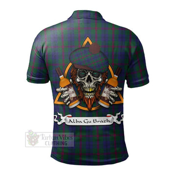 Laurie Tartan Polo Shirt with Family Crest and Bearded Skull Holding Bottles of Whiskey