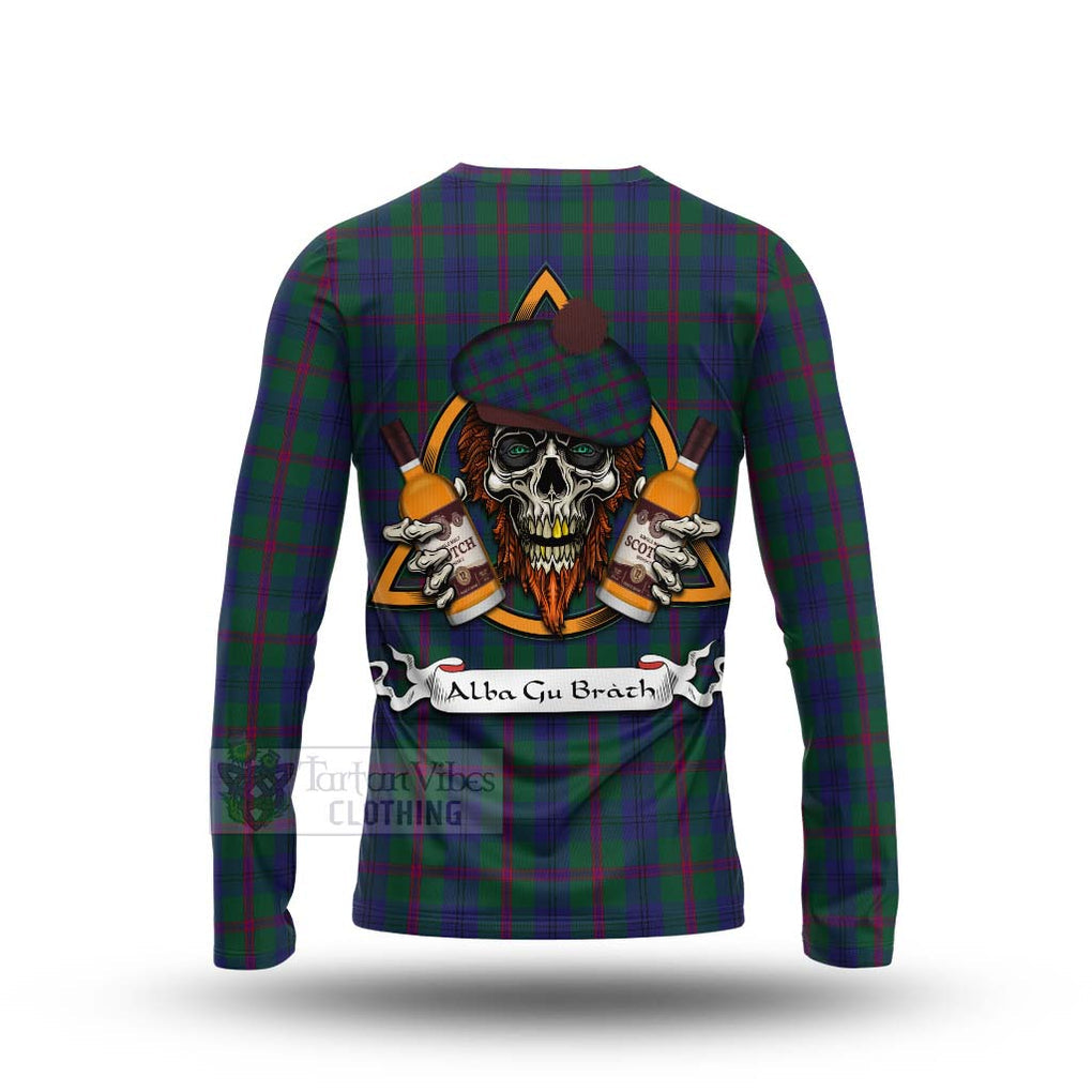 Tartan Vibes Clothing Laurie Tartan Long Sleeve T-Shirt with Family Crest and Bearded Skull Holding Bottles of Whiskey