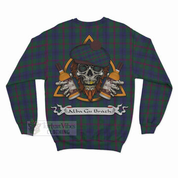 Laurie Tartan Sweatshirt with Family Crest and Bearded Skull Holding Bottles of Whiskey