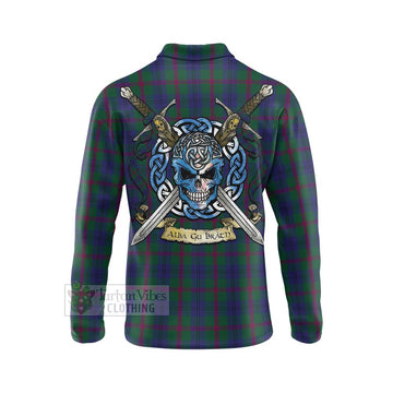 Laurie Tartan Long Sleeve Polo Shirt with Family Crest Celtic Skull Style