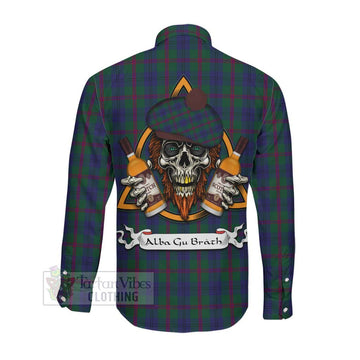 Laurie Tartan Long Sleeve Button Shirt with Family Crest and Bearded Skull Holding Bottles of Whiskey