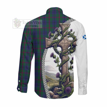 Laurie Tartan Long Sleeve Button Shirt with Family Crest and St. Andrew's Cross Accented by Thistle Vines