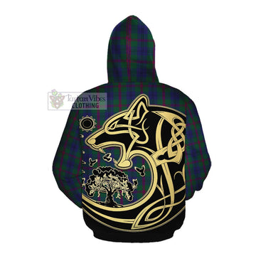 Laurie Tartan Cotton Hoodie with Family Crest Celtic Wolf Style