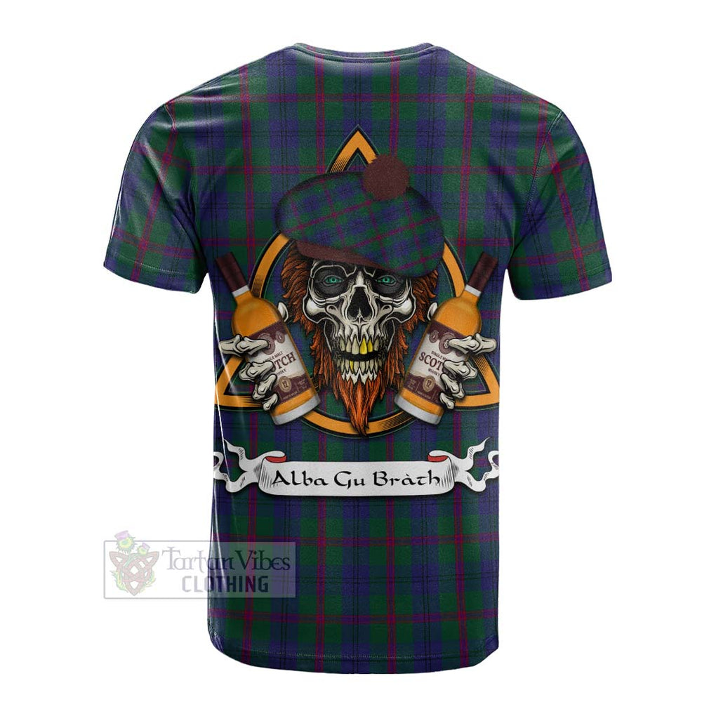 Tartan Vibes Clothing Laurie Tartan Cotton T-shirt with Family Crest and Bearded Skull Holding Bottles of Whiskey