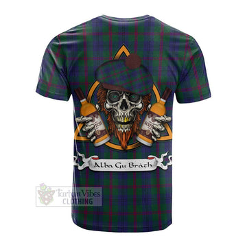 Laurie Tartan Cotton T-shirt with Family Crest and Bearded Skull Holding Bottles of Whiskey