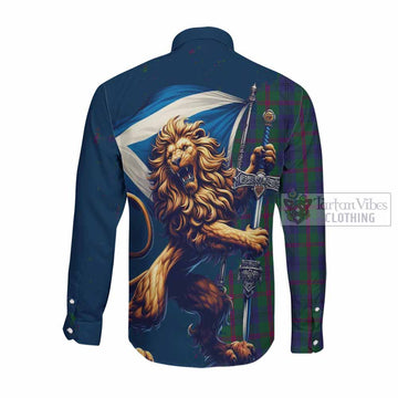 Laurie Tartan Family Crest Long Sleeve Button Shirt with Scottish Majestic Lion