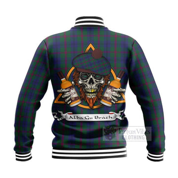 Laurie Tartan Baseball Jacket with Family Crest and Bearded Skull Holding Bottles of Whiskey