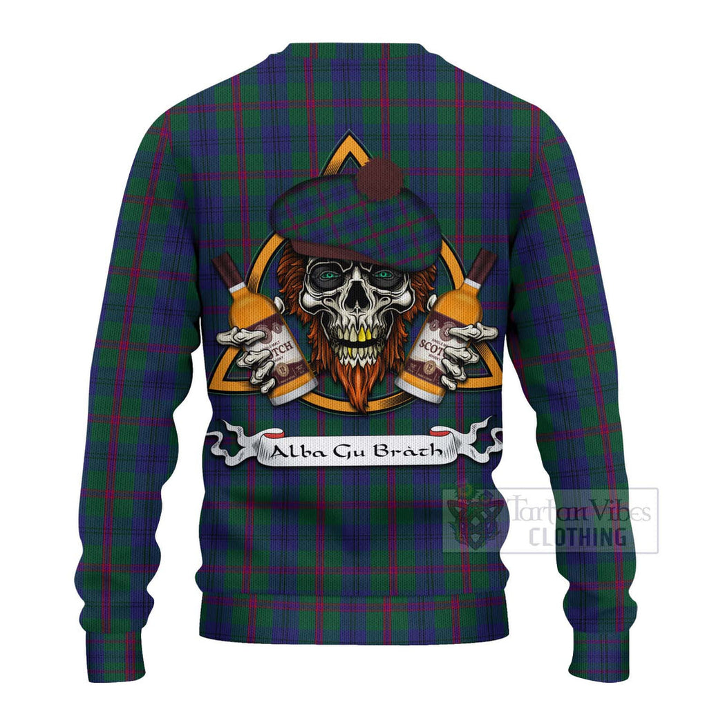 Tartan Vibes Clothing Laurie Tartan Knitted Sweater with Family Crest and Bearded Skull Holding Bottles of Whiskey