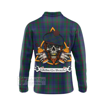 Laurie Tartan Long Sleeve Polo Shirt with Family Crest and Bearded Skull Holding Bottles of Whiskey