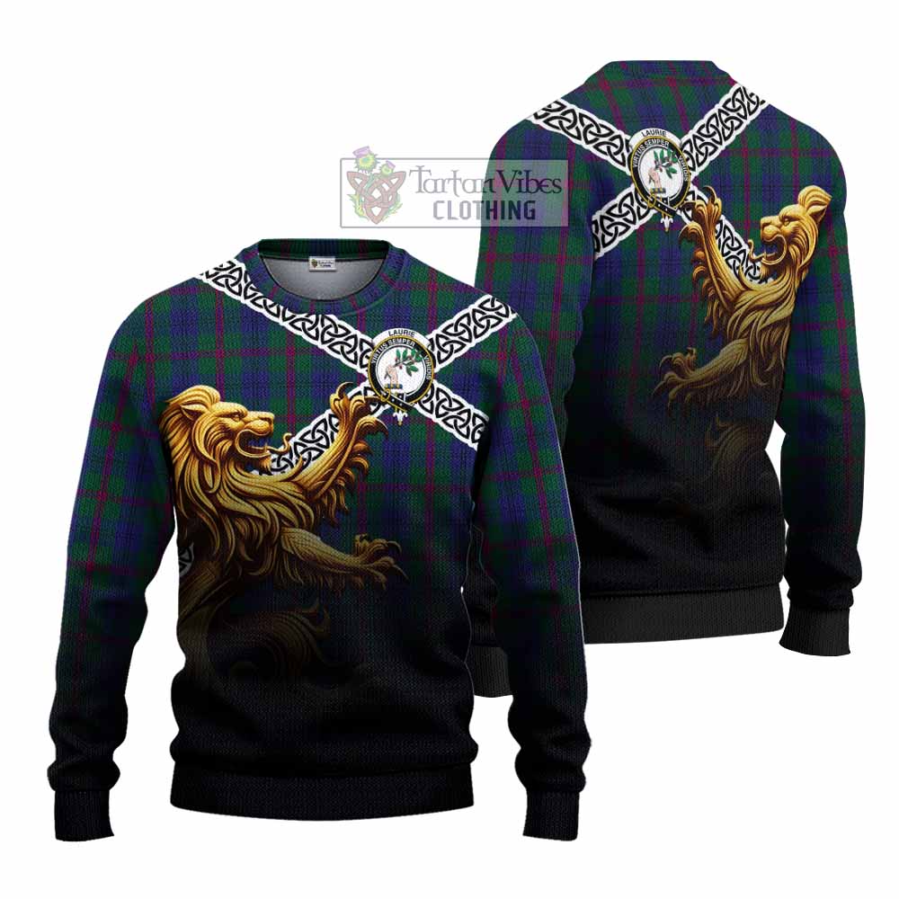 Laurie Crest Tartan Knitted Sweater with Golden Lion Emblem Celtic Style - Tartan Vibes Clothing