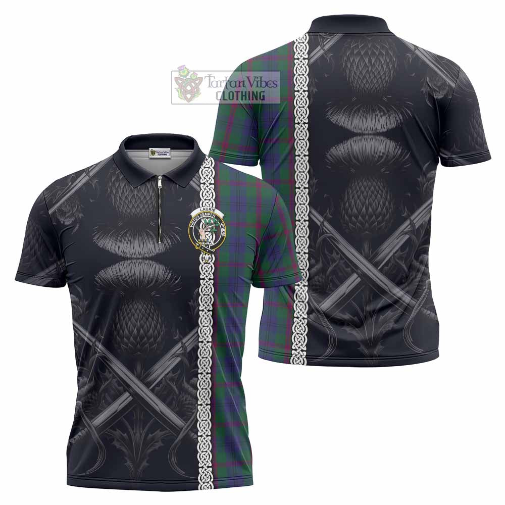 Tartan Vibes Clothing Laurie Tartan Zipper Polo Shirt with Family Crest Cross Sword Thistle Celtic Vibes