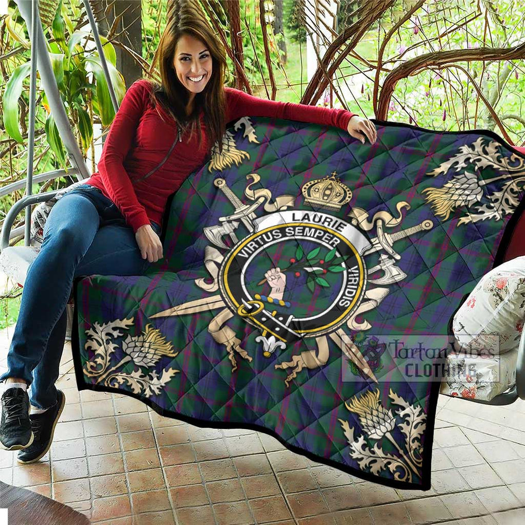 Tartan Vibes Clothing Laurie Tartan Quilt with Family Crest and Scottish Golden Courage Shield