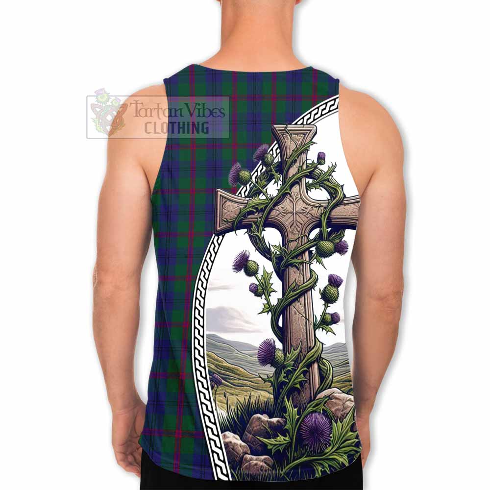 Tartan Vibes Clothing Laurie Tartan Men's Tank Top with Family Crest and St. Andrew's Cross Accented by Thistle Vines