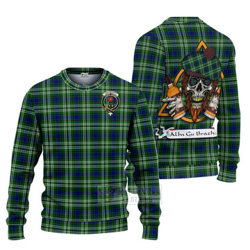 Learmonth Tartan Ugly Sweater with Family Crest and Bearded Skull Holding Bottles of Whiskey