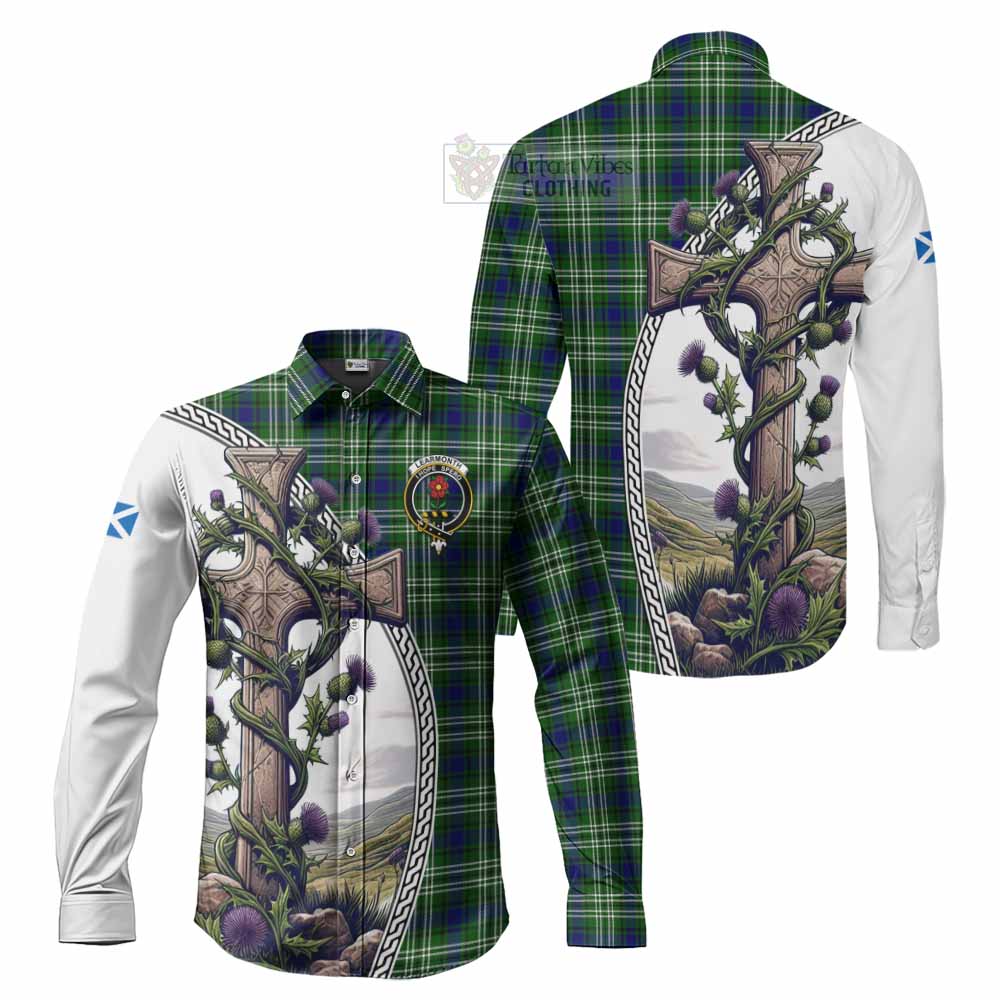 Tartan Vibes Clothing Learmonth Tartan Long Sleeve Button Shirt with Family Crest and St. Andrew's Cross Accented by Thistle Vines