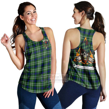 Learmonth Tartan Women's Racerback Tanks with Family Crest and Bearded Skull Holding Bottles of Whiskey