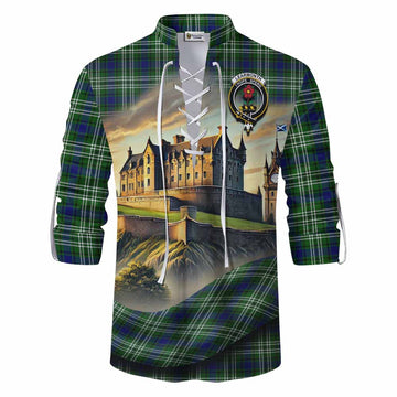 Learmonth Tartan Family Crest Ghillie Kilt Shirt with Scottish Ancient Castle Style Men - Tartan Vibes Clothing