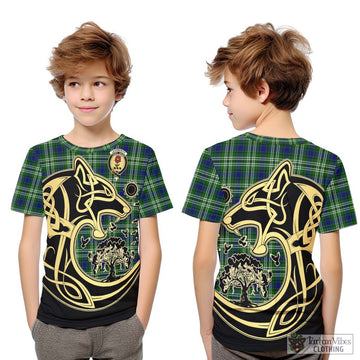 Learmonth Tartan Kid T-Shirt with Family Crest Celtic Wolf Style