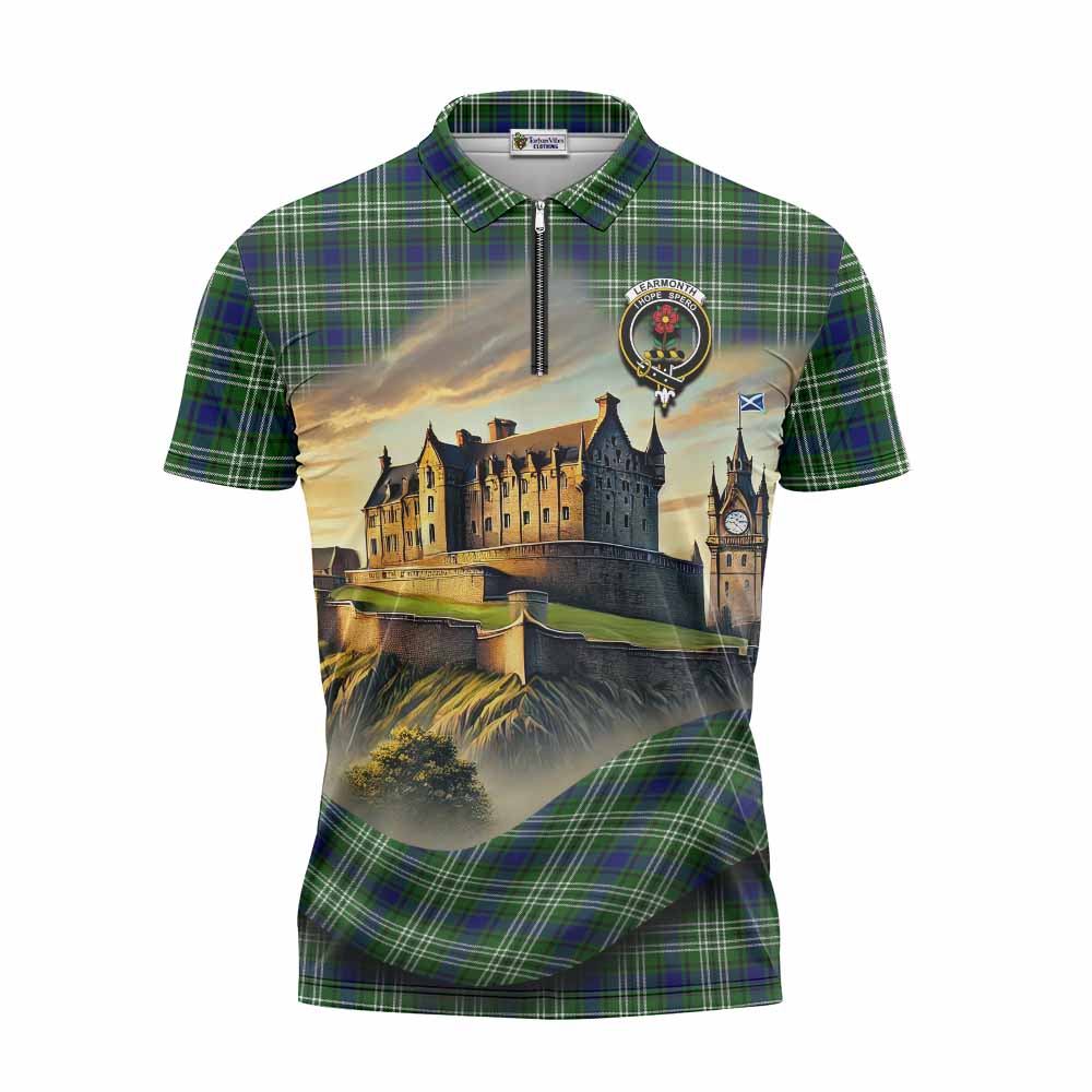 Learmonth Tartan Family Crest Zipper Polo Shirt with Scottish Ancient Castle Style Unisex - Tartan Vibes Clothing