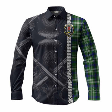 Learmonth Tartan Long Sleeve Button Shirt with Family Crest Cross Sword Thistle Celtic Vibes