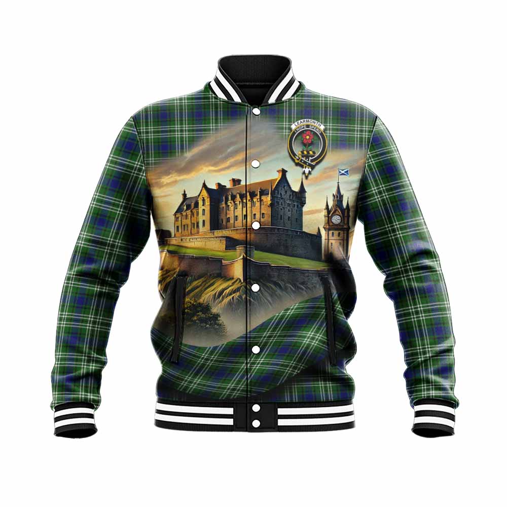 Learmonth Tartan Family Crest Baseball Jacket with Scottish Ancient Castle Style Unisex - Tartan Vibes Clothing