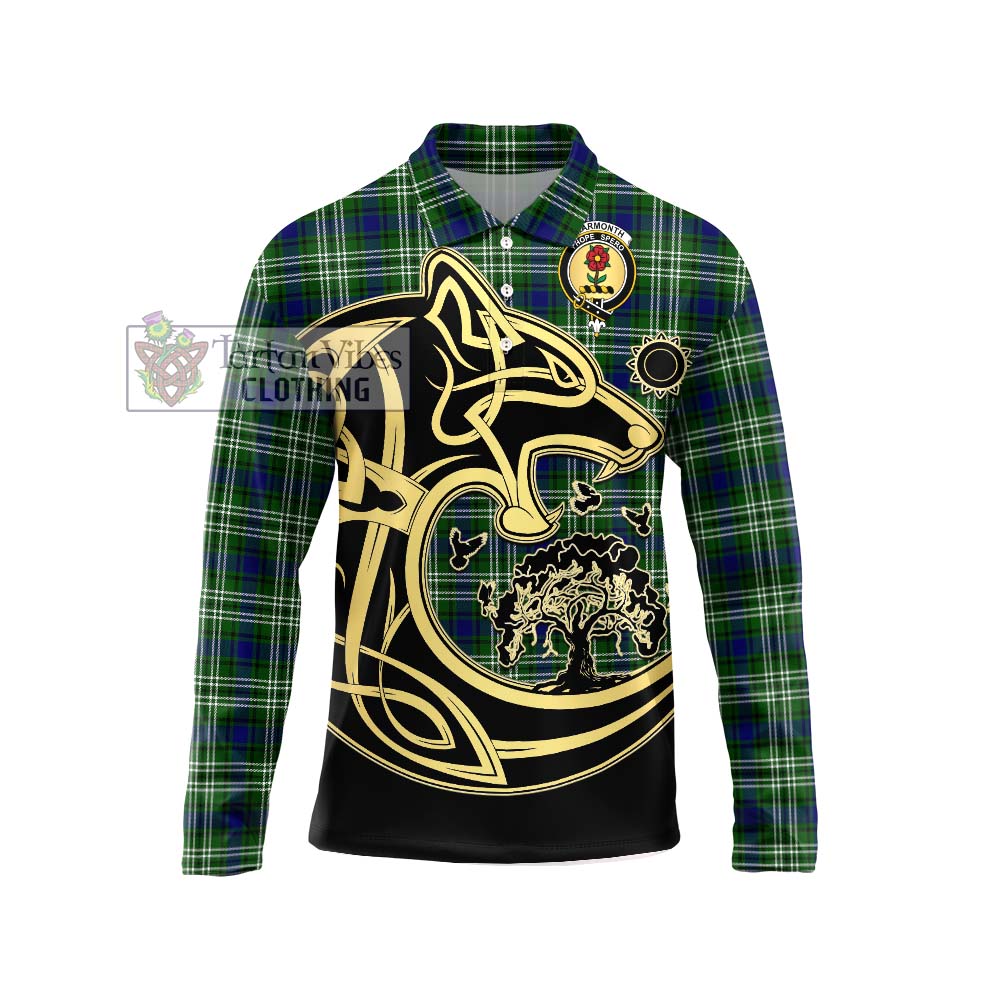 Learmonth Tartan Long Sleeve Polo Shirt with Family Crest Celtic Wolf Style Unisex - Tartanvibesclothing Shop