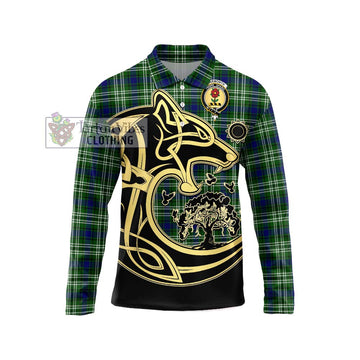 Learmonth Tartan Long Sleeve Polo Shirt with Family Crest Celtic Wolf Style