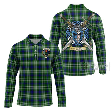 Learmonth Tartan Long Sleeve Polo Shirt with Family Crest Celtic Skull Style