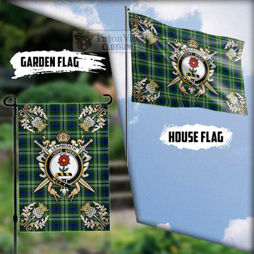 Learmonth Tartan Flag with Family Crest and Golden Thistle Crossed Sword Design