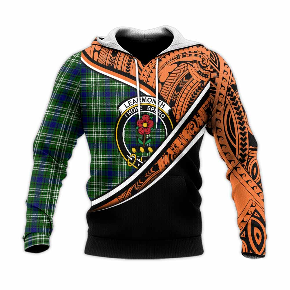 Tartan Vibes Clothing Learmonth Crest Tartan Knitted Hoodie with Maori Tattoo Style - Orange Version