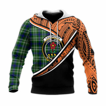 Learmonth Crest Tartan Knitted Hoodie with Polynesian Vibes Style - Orange Version