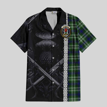 Learmonth Tartan Short Sleeve Button Shirt with Family Crest Cross Sword Thistle Celtic Vibes