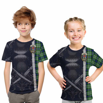 Learmonth Tartan Kid T-Shirt with Family Crest Cross Sword Thistle Celtic Vibes