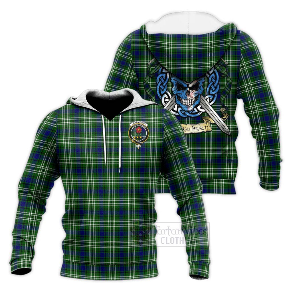 Tartan Vibes Clothing Learmonth Tartan Knitted Hoodie with Family Crest Celtic Skull Style