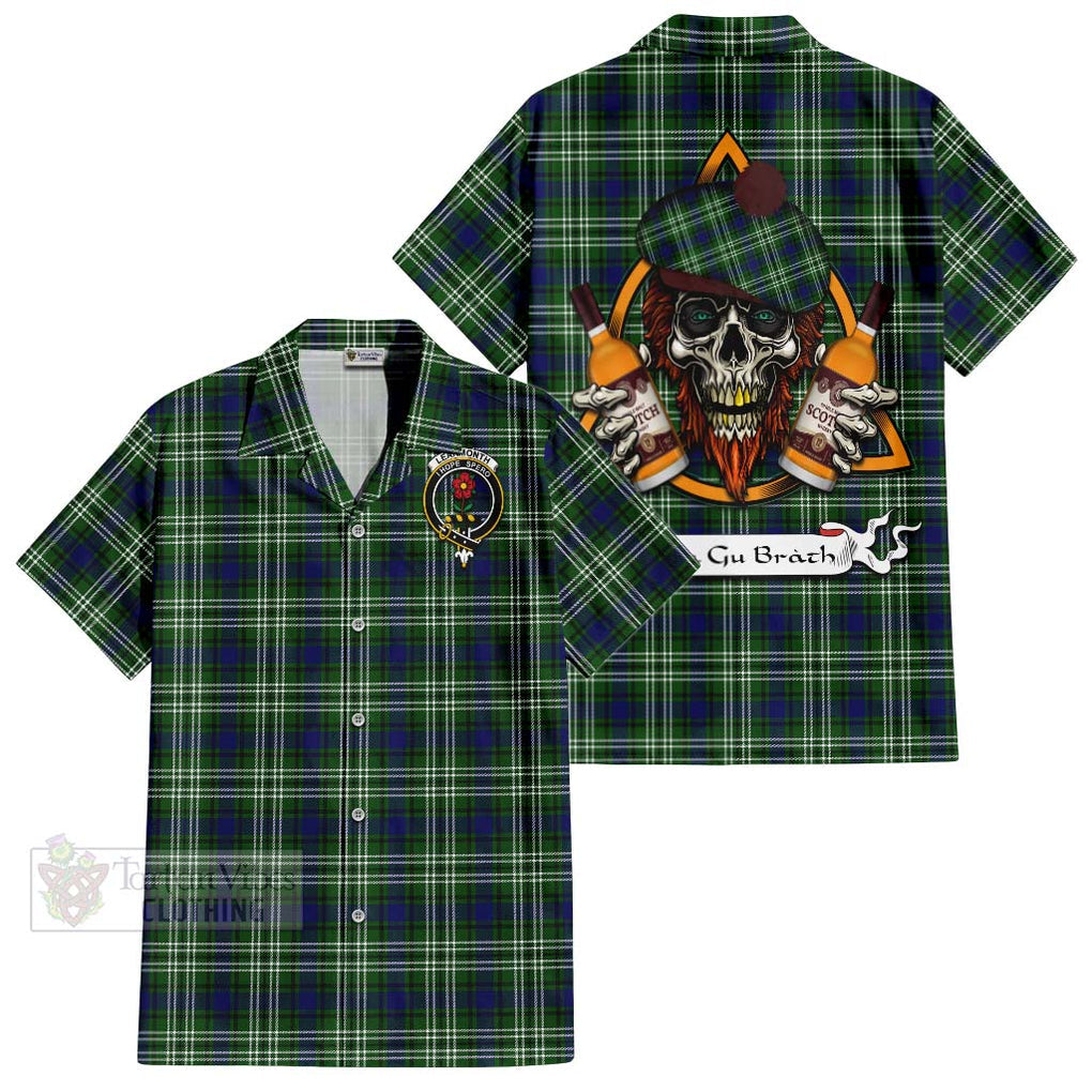 Tartan Vibes Clothing Learmonth Tartan Short Sleeve Button Shirt with Family Crest and Bearded Skull Holding Bottles of Whiskey