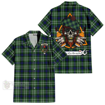 Learmonth Tartan Short Sleeve Button Shirt with Family Crest and Bearded Skull Holding Bottles of Whiskey