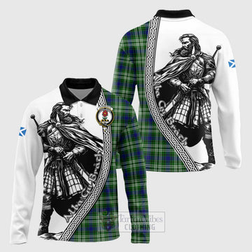 Learmonth Tartan Clan Crest Long Sleeve Polo Shirt with Highlander Warrior Celtic Style